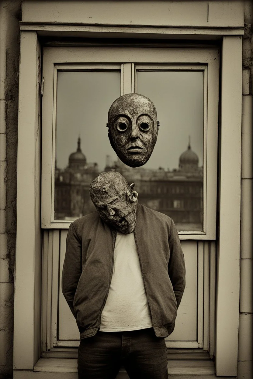 realism, street, russian depression, music album, from the window, depression, russian 90, post punk, man with old god mask, poster