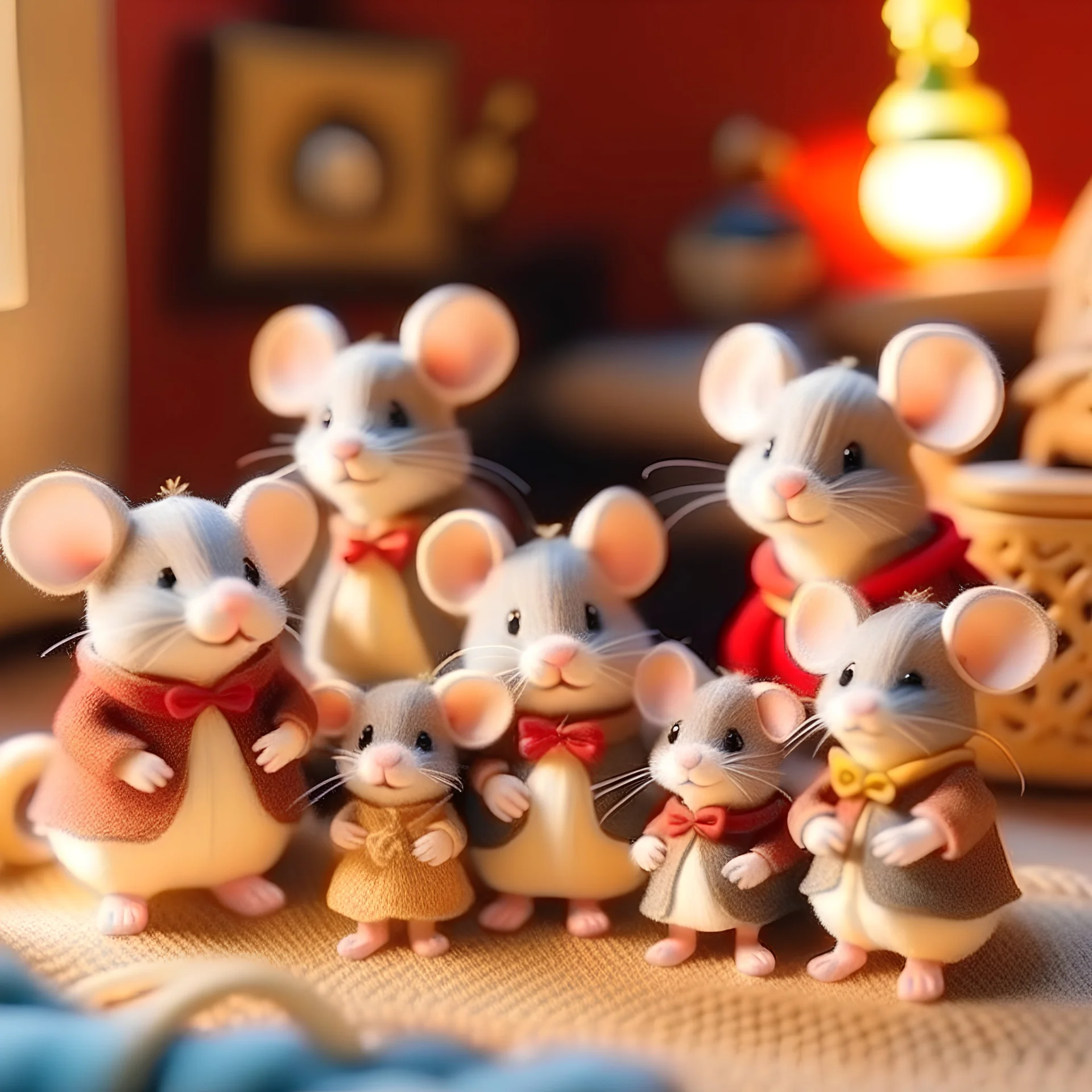 Christmas image of a family of adorable an cute mice in the style of the sylvanian toys