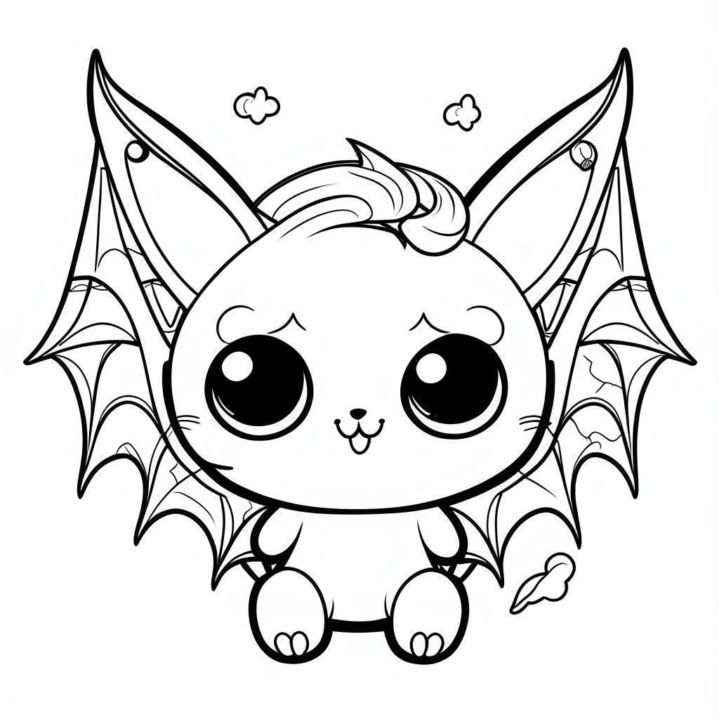 create a 2d black outline, " kawaii kitty with bat wings coloring book for kids", coloring page, low details design, black contour, coloring page design, colorful , card style, coloring page for kids, halloween backgorund,sketch style,