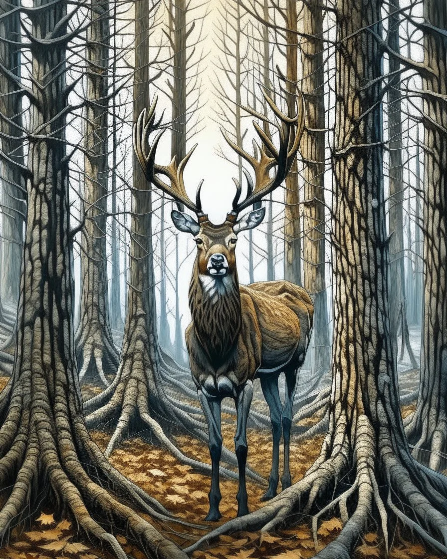 deer with antlers standing looking at viewer, patronus, among tall tree trunks