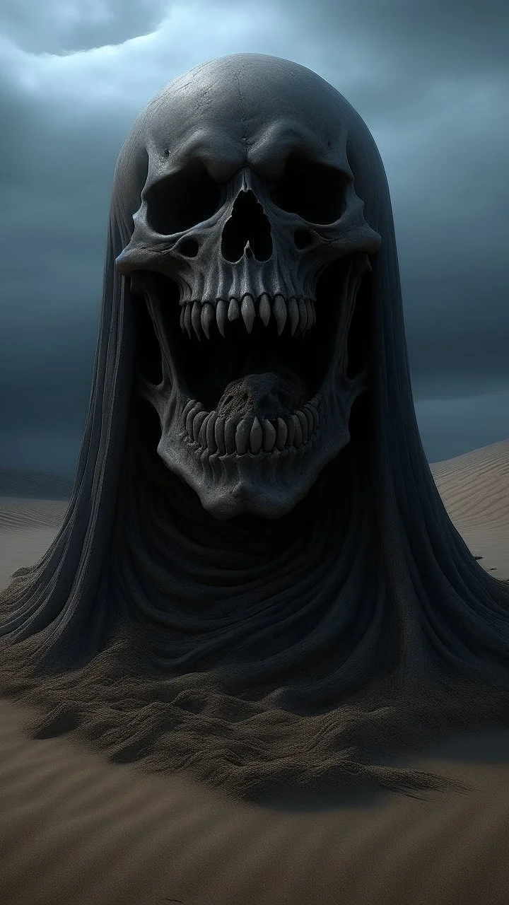 A big statue of a head in the sand huge mouth open and out of it a lot of skull, hooded figure , small in a distance ,surrealism of the dark of a nightmare ten miles high and six foot deep, hyper photorealistic, hyper detailed dark art color, high resolution, fog, octane render, tilt shift, HDRI Environment, all pictures dark gray