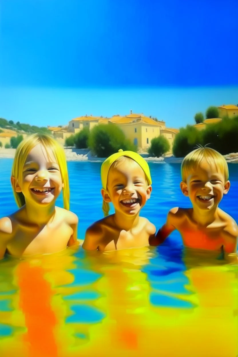 Neoclassicism 2 childen swimming in the water painting yellow realistic cote d'azur smiling