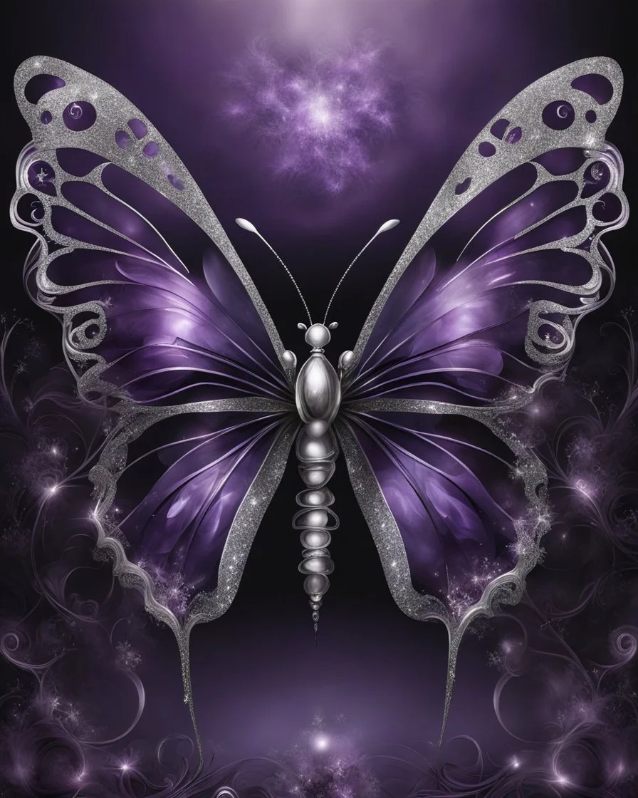 A dark goth black-purple butterfly with translucent wings encrusted with silver glitter, silver, surreal, strong expression, springs from an big glass flower, background mistic fog, crystasl , etheral, fantasy, stunning illustration