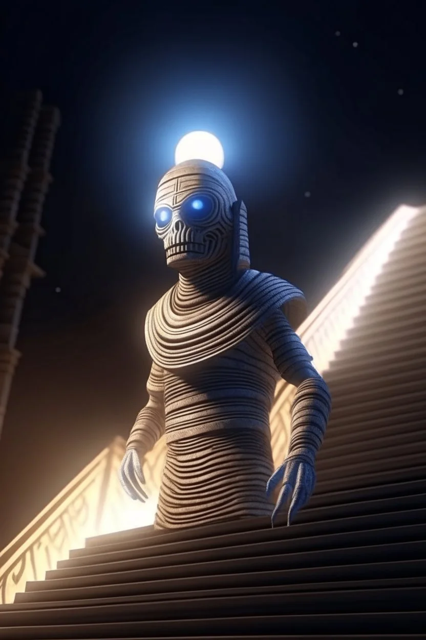 portrait of mummy robot walking down stairs, stars shining, Egyptians with the hair standing straight up in front of pyramid of Babel. 4 k, down light, depth of field, trending art, spray paint, high detail, fantasy art, alien connection, future tech