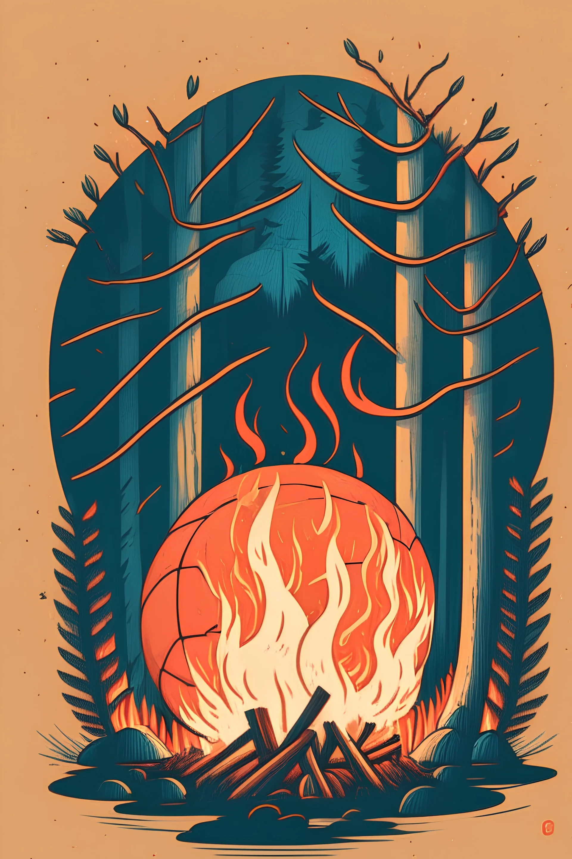 perfect round ball burning in a bonfire inside a forest, 2D flat illustration style, monoline, 3 colors max