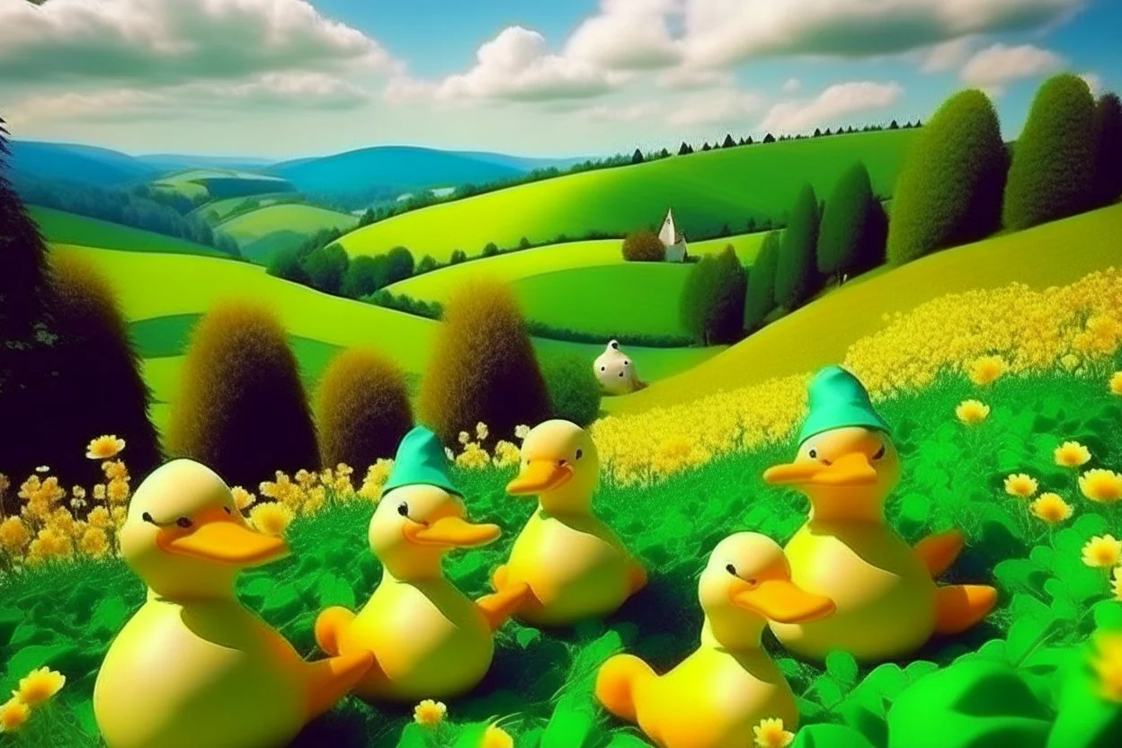 hills with duck dolls in summer. like oil painting