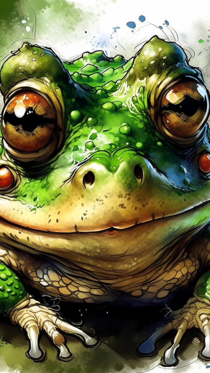 dnd, fantasy, watercolour, humongous strokes, stylistic, portrait, illustration, furry, frog , personable face