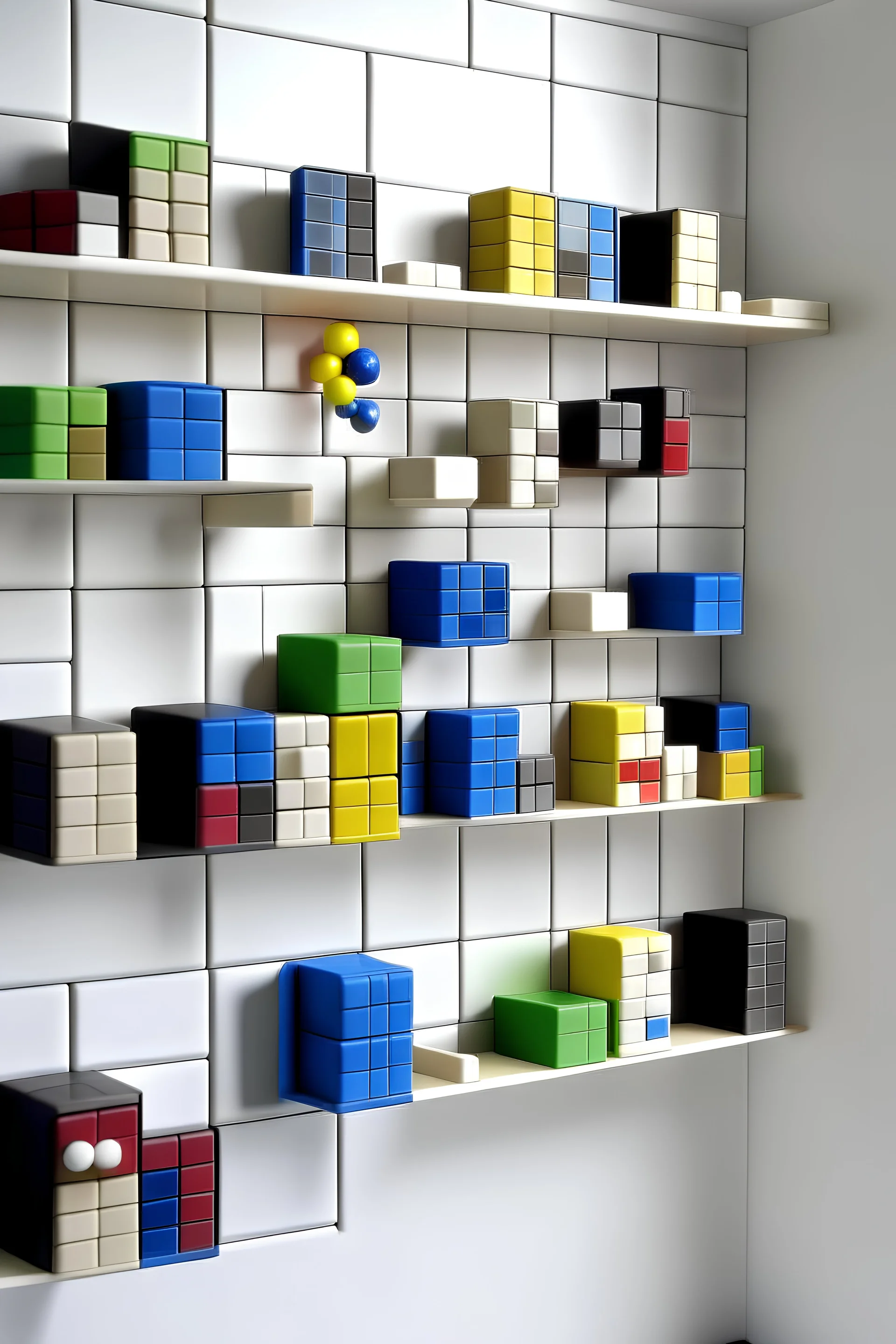 Miniature Tetris-shaped wall shelves with a mix of porcelain.