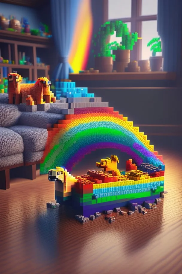 LEGO Noah's ark with animals, rainbow, on a carved table in a living room pixel art Unreal Engine digital painting highly detailed crisp quality award winning 4k colourful intricate very attractive beautiful imperial colors dynamic lighting sharp focus fantastic view