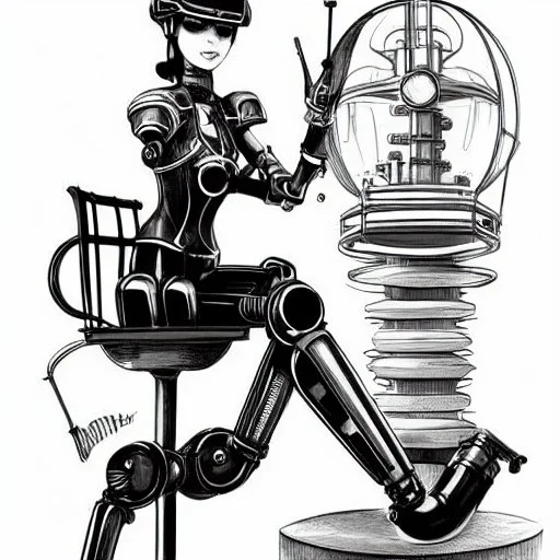 great illustrator, spanish, pencil sketch of a cute girl, beautiful, steampunk syle, black and white. Helmet with tubes. glasses. Machinery in the background. robotic bird flying. High details.