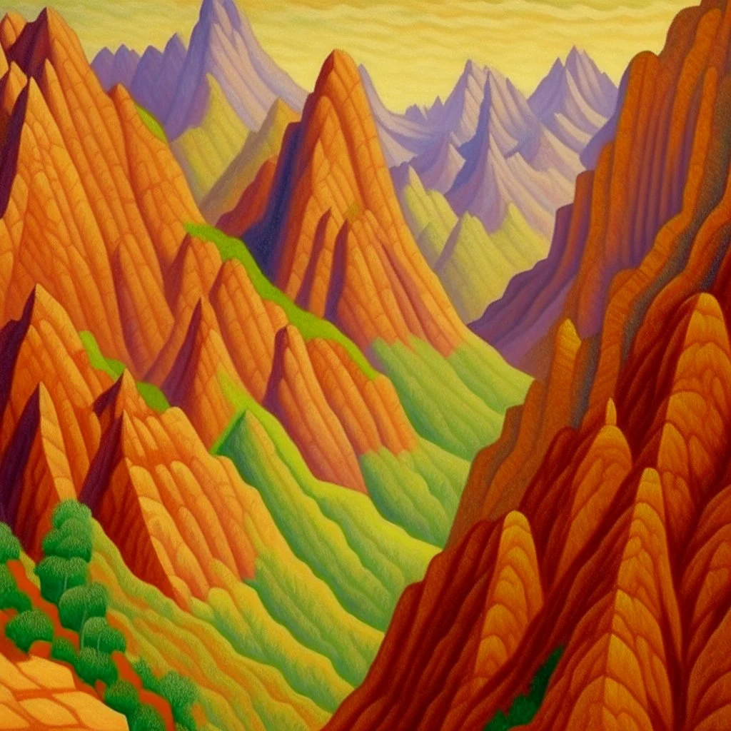 Tan mountains with a canyon designed in Navajo woven art painted by Georges Seurat