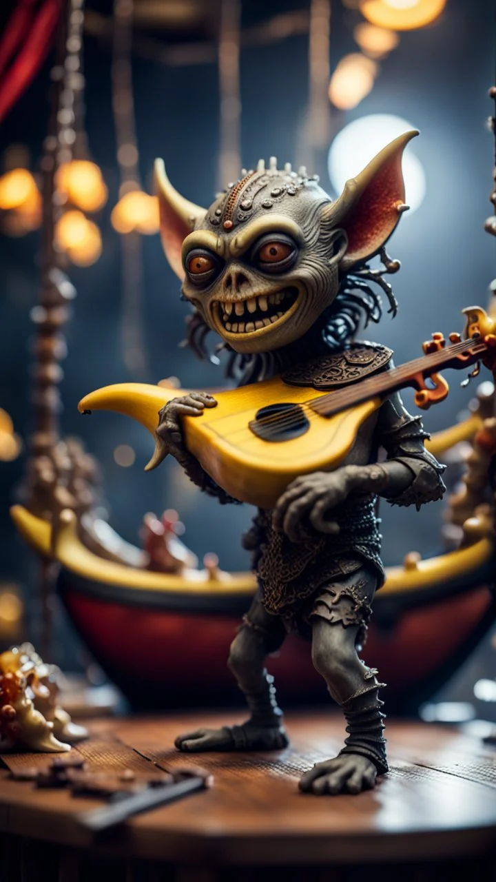 full body portrait of a banana werewolf gremlin star eating a violin and the blood of fish on a viking ship, in the style of Giger,bokeh like f/0.8, tilt-shift lens 8k, high detail, smooth render, down-light, unreal engine, prize winning