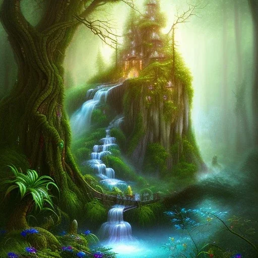 elf in winding magical forest with waterfall and a creature