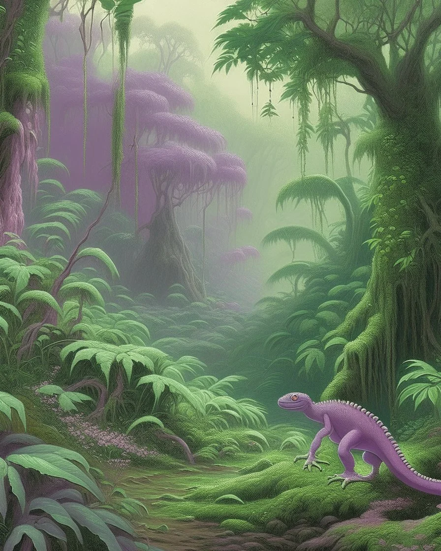 A light purple rainforest with atomic chameleons painted by Francis Danby