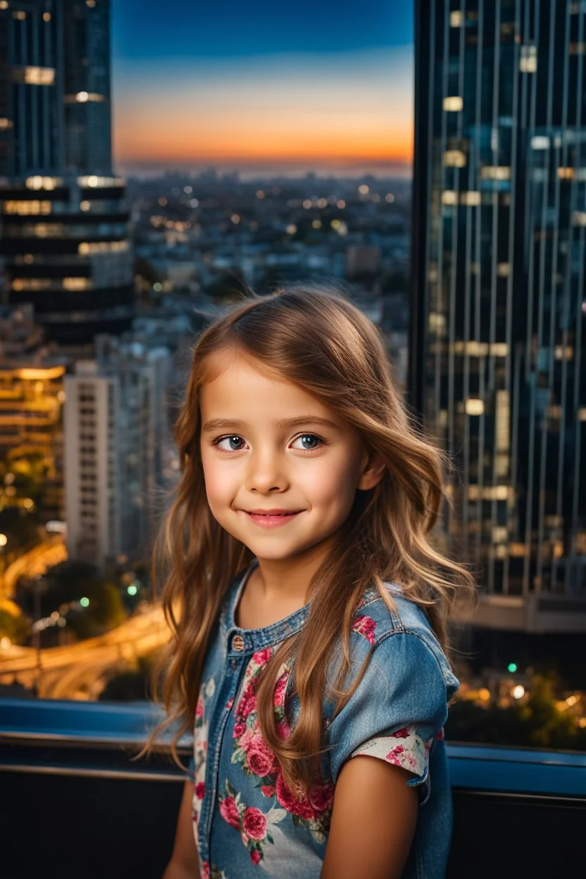 Little 6 years old beautiful girl perfect face,1girl wearing a pretty shirt and jean pant, standing pose,modern city ,night view