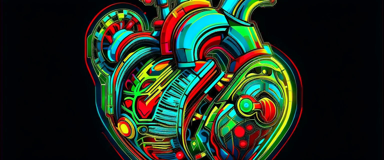 FLAT VECTOR LAYERED 2-D MULTICOLORED COMPLIMENTARY NEON MECHANICAL HUMAN HEART, METALLIC,