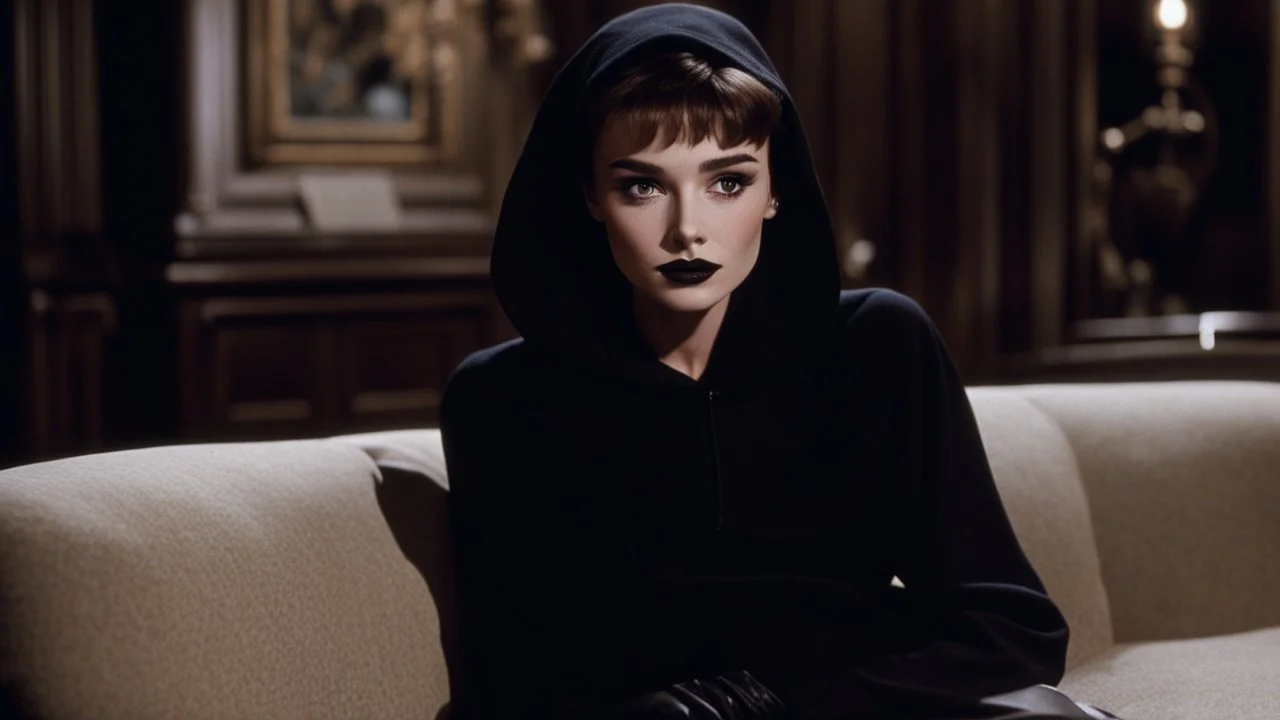 [Legend (1985)] Audrey Hepburn's Boyish Crop as Dahlia Death, she is a pale brunette with black lips clad in a dark agent provocateur dress with a hoodie and a scythe. She sits on a sofa in a dark mansion