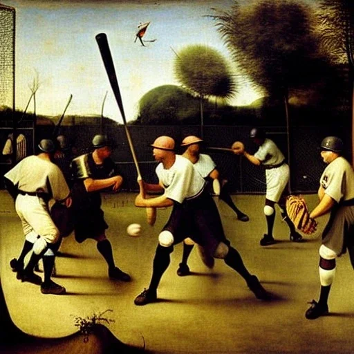 baseball game players by hieronymous bosch, birds, ogres