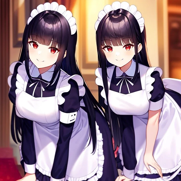 girl, masterpiece, best quality, volumetric lighting, detailed outfit, perfect eyes, black hair, long hair, red eyes, loli, maid, twins, leaning forward, smiling, indoors,