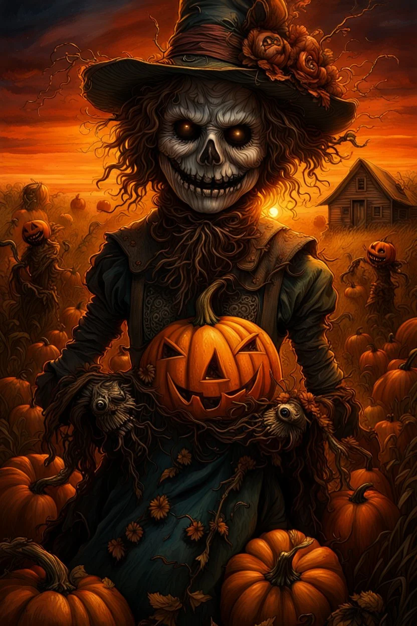 works by Mark Keatley, Josephine Wall, Ellen Jewett, Dan Mumford Cayenne, Victoria Francis. dancing scarecrow with a scary pumpkin head in a field with scarecrows, High Definition HD, High Detail, UHD Pen and Ink Art, Perfect Composition, Detailed Intricacy, Crazy Octane Rendering, Trending on Artstation, 8k Fine Art Photography, Photorealistic Concept Art , soft thoughts, 3D cinematic perfect light, 3D rendering, famous, unforgettable., photo, poster, cinematic