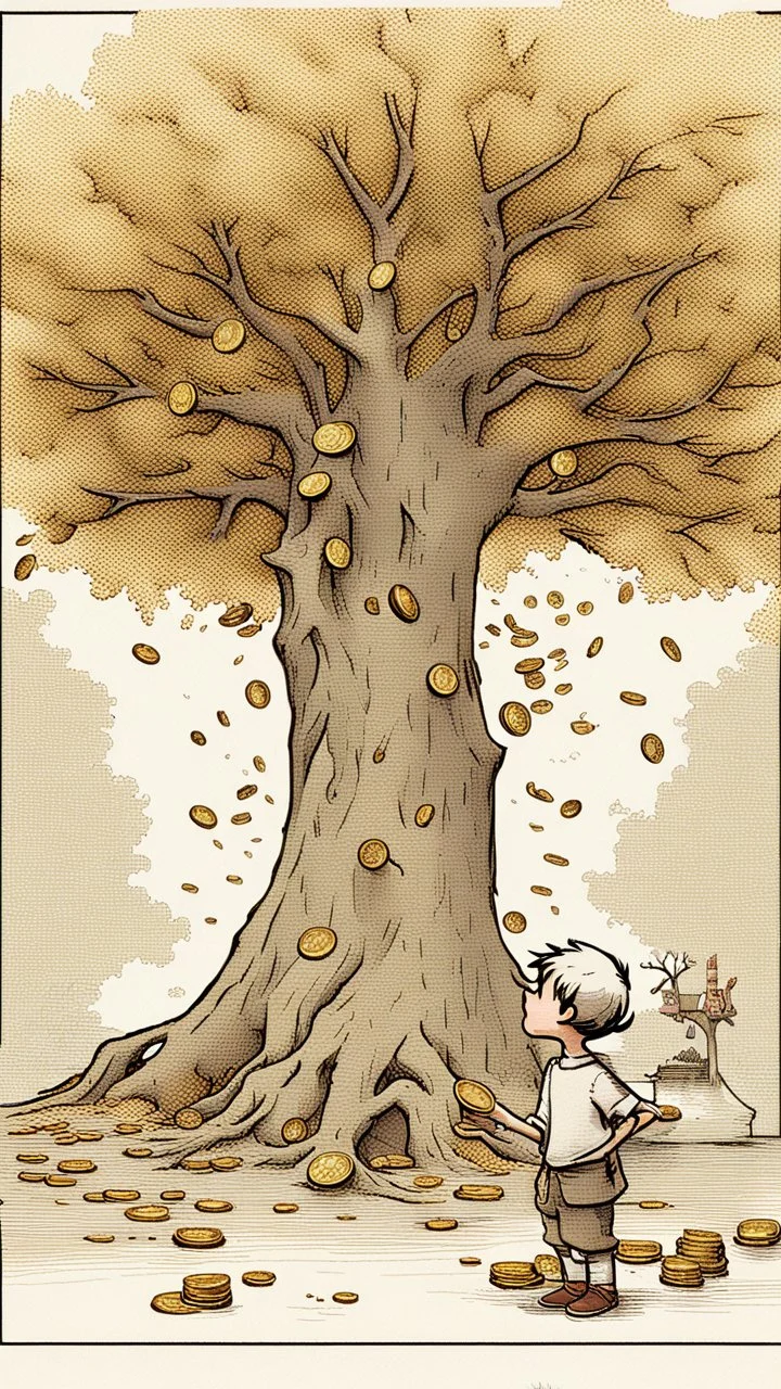 The tree spoke, "I'll grant one wish, but be careful what you ask for." Ignoring the warning, Timmy wished for endless gold coins