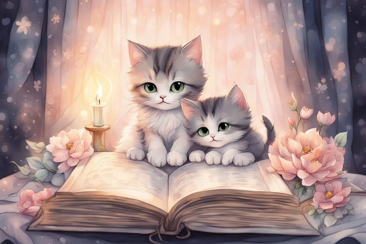 cute chibi cat mother reads a fairytale book to his baby kitten in a bed, flower tapestry, in a bedroom in candlelight, S<AI, watercolor and black ink outlines, soft, shading strokes, light pastel colors, ethereal, cinematic postprocessing, bokeh, dof