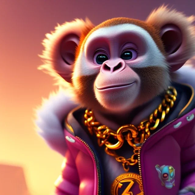 pixar style anamorphic cute monkey baby, smiling, gangsta gold neckless, full body, magenta puffer jacket, manila city backdrop, dramatic lighting, hyper-realistic, unreal engine 5, 16k. full detailed, polygon