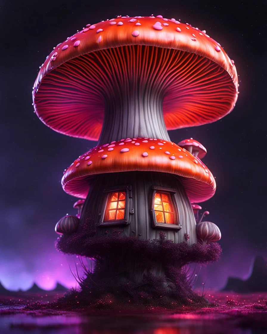 A solitary floating mushroom house on a clear night. silver and orange and pink, Dark cosmic interstellar. Detailed Matte Painting, deep color, fantastical, intricate detail, splash screen, hyperdetailed, insane depth, concept art, 8k resolution, trending on Artstation, Unreal Engine 5, color depth, backlit, splash art, dramatic, High Quality Whimsical Fun Imaginative Bubbly, perfect composition