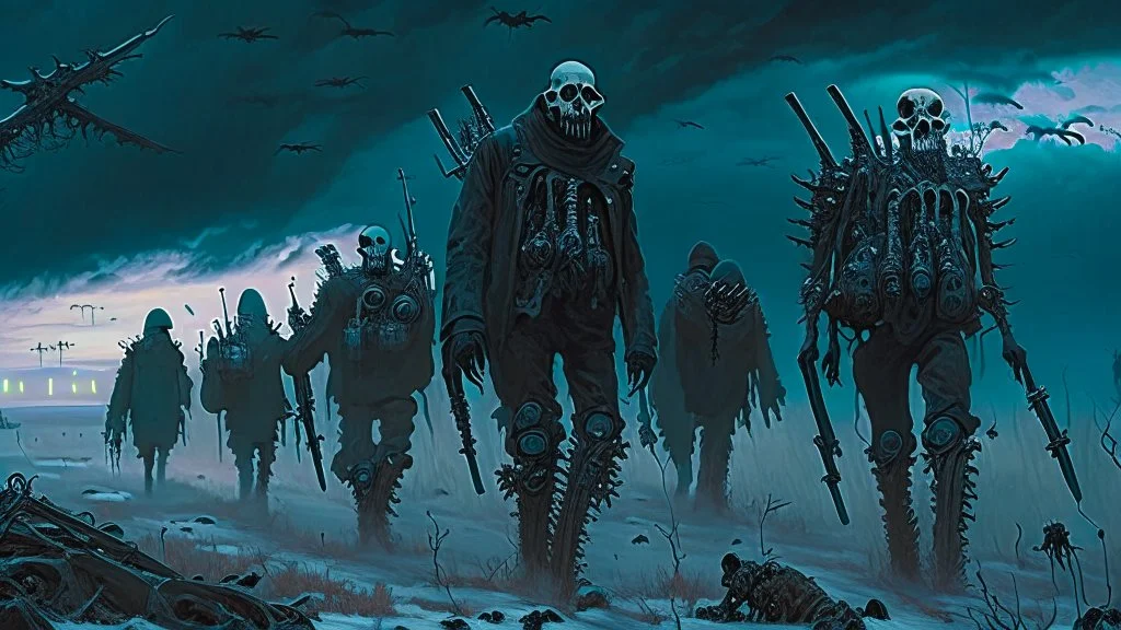 (Bio-engineered undead skeleton machine army) marching, (menacing), glowing eyes, tactical wear, gas masks, dark winter landscape, techno gothic aesthetic, epic, science fiction painting, (Denis Sarazhin, Alex Colville, Simon Stålenhag, Neil Blomkamp, Christopher Shy, Alejandro Burdisio, Tye Myartinez, ominous sky), RAW, gritty, high contrast, atmospheric horror art, vivid, neon overlay, harsh textures, dramatic, surreal horror, retro futuristic, nightmarish art, apocalyptic, atypical art