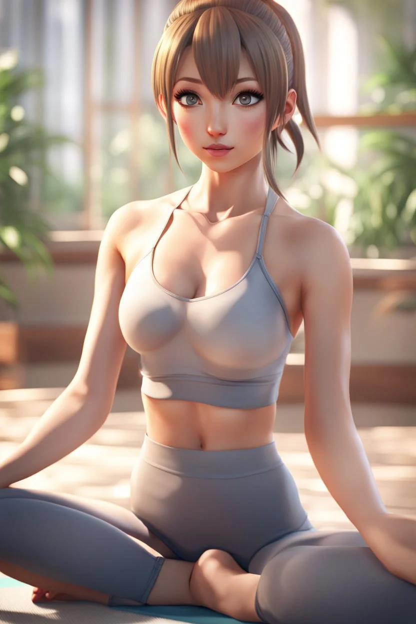 8k quality realistic image of a beautiful anime girl, doing yoga ,action, up close, 3d