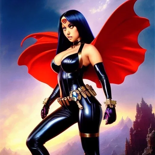 fullbody portrait 'beautiful booty sexy busty Raven(teen titans)',wearing minimal ancient latex armor,hyperrealistic skin,Hyperrealistic Big eyes,looking to camera,painting by gaston bussiere, greg rutkowski, yoji shinkawa, yoshitaka amano, tsutomu nihei, donato giancola, tim hildebrandt, oil on canvas, cinematic composition,sharp image, extreme detail,((fit full head inside picture)),32k