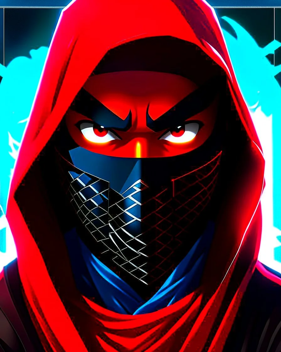 Draw an illustration with a red and black hood and a dragón mask over they eyes