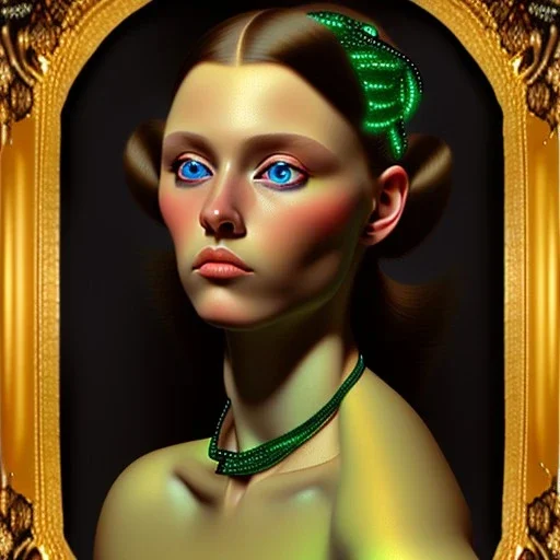 oil Portrait of a Dark Blonde long haired beautiful busty voluptous adult woman with emeralds necklace with big Green sad eyes looking to viewer by GRANT WOOD Ingres 8k