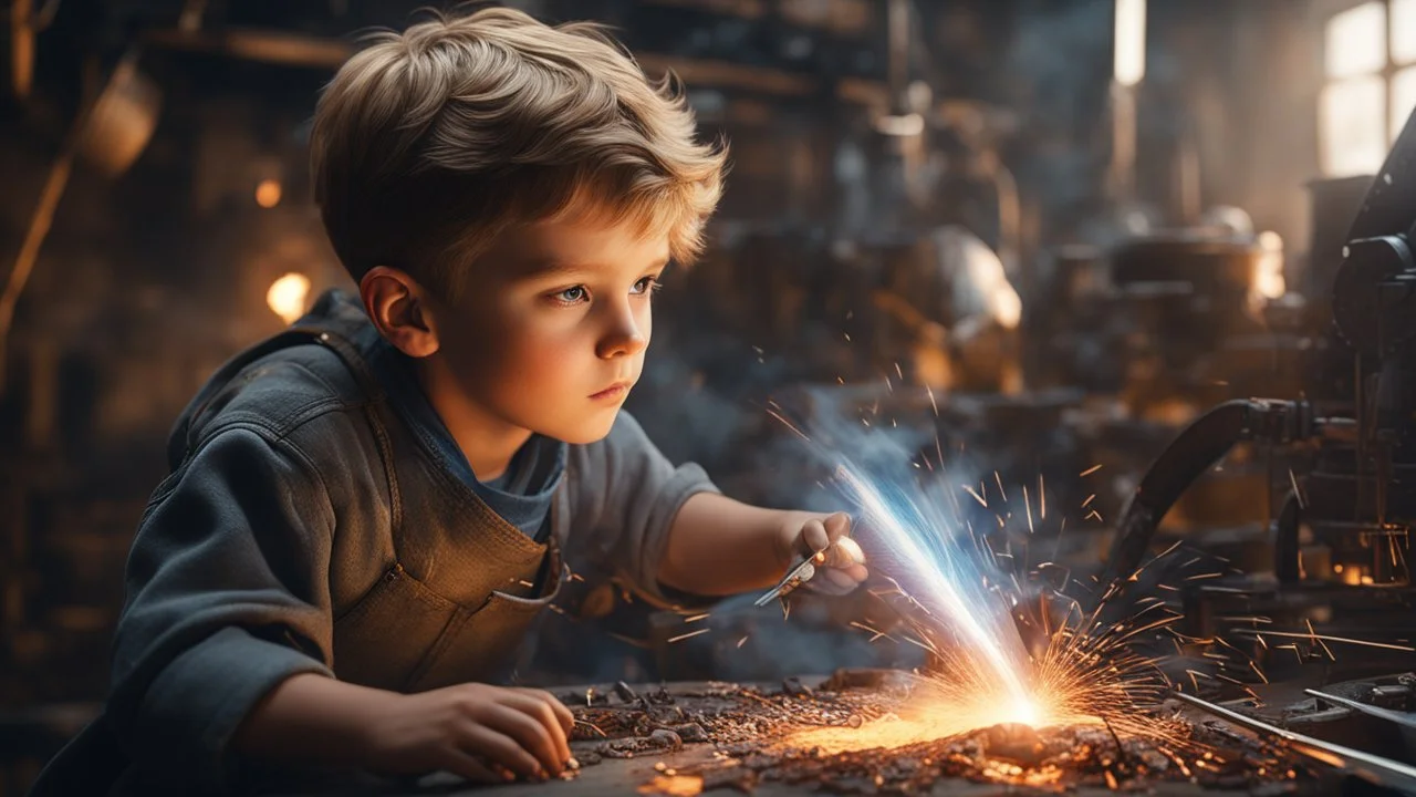 little boy, above the waist, perfect eyes, welding in workshop, exquisite composition, beautiful detailed intricate insanely detailed octane render trending on artstation, 8k artistic photography, photorealistic concept art, soft natural volumetric cinematic perfect light, chiaroscuro, award-winning photograph, masterpiece, raphael, caravaggio, greg rutkowski, beeple, beksinsk