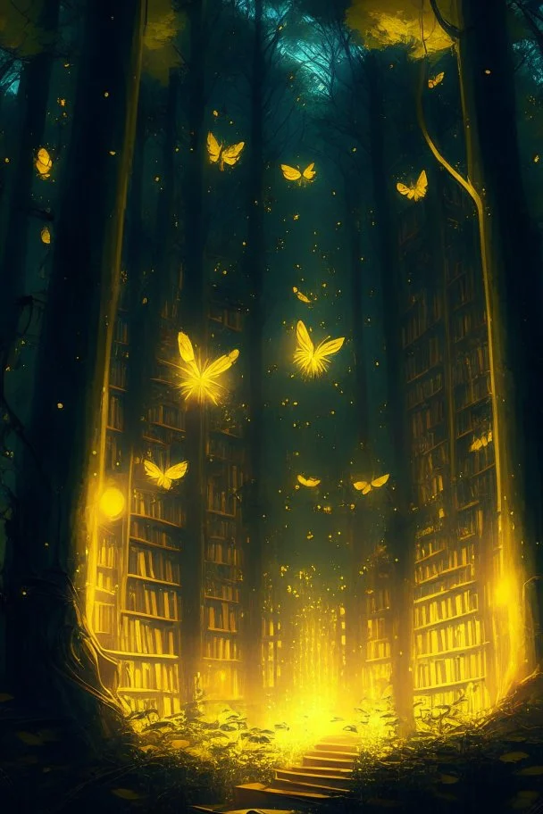 a huge library in forest with fireflies and yellow magic lights around trees that have wide leaves and broad trunked