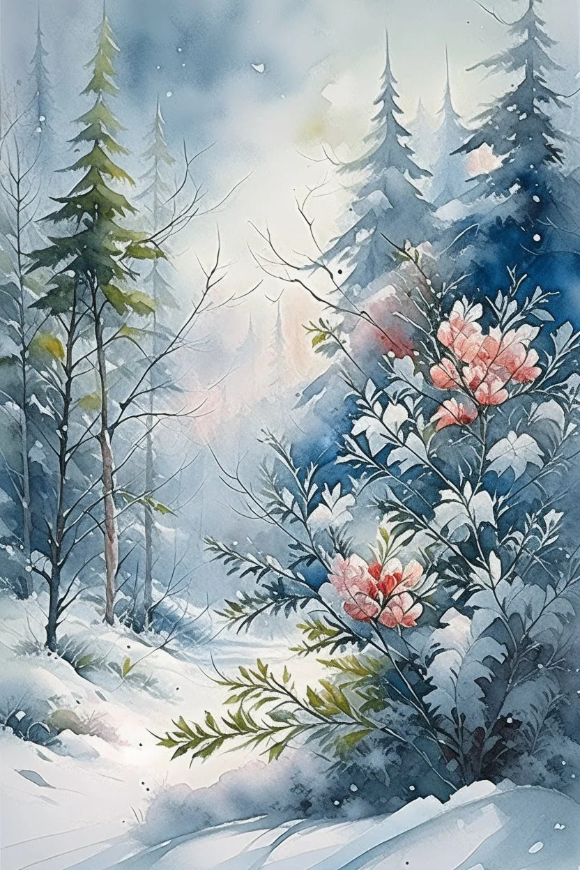 Wet watercolor, beautiful flowers, fir trees, fine drawing, beautiful snow-white landscape, pixel graphics, delicate sensuality, realistic, high quality, work of art, hyperdetalization, professionally, filigree, hazy haze, hyperrealism, professionally, transparently, delicate pastel tones, back illumination, contrast, fantastic, nature, space, Milky the way is fabulous, unreal, translucent, glowing,clear lines