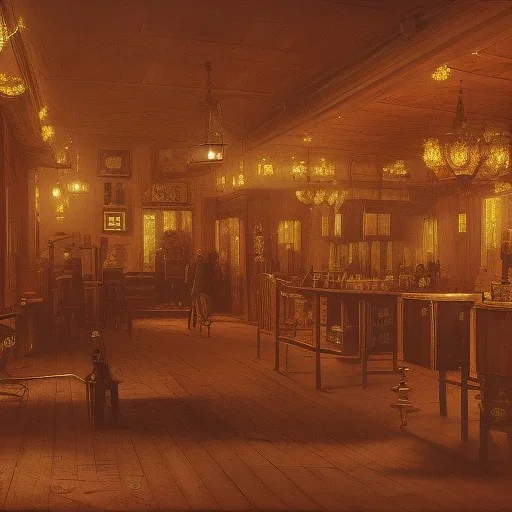 Inside Saloon in Western town in 1880 at night