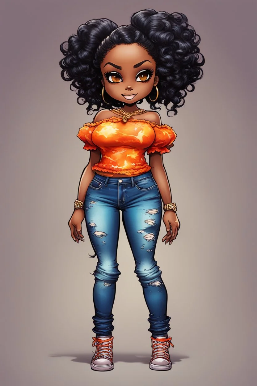 vibrant psychedelic comic book image, airbrush, 48k, cartoon art of a chibi curvy black female wearing torn jeans pants and a orange tie dye off the shoulder blouse. Prominent make up with lush lashes. Highly detailed sleek wavy ponytail