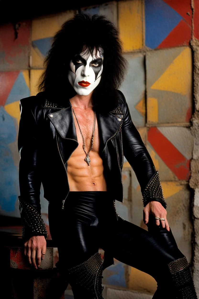 text 'KISS' - head and shoulders portrait, KISS 20-year-old Paul Stanley, black spandex and leather, 8-inch high platform boots, - a multicolored cement wall in the background,