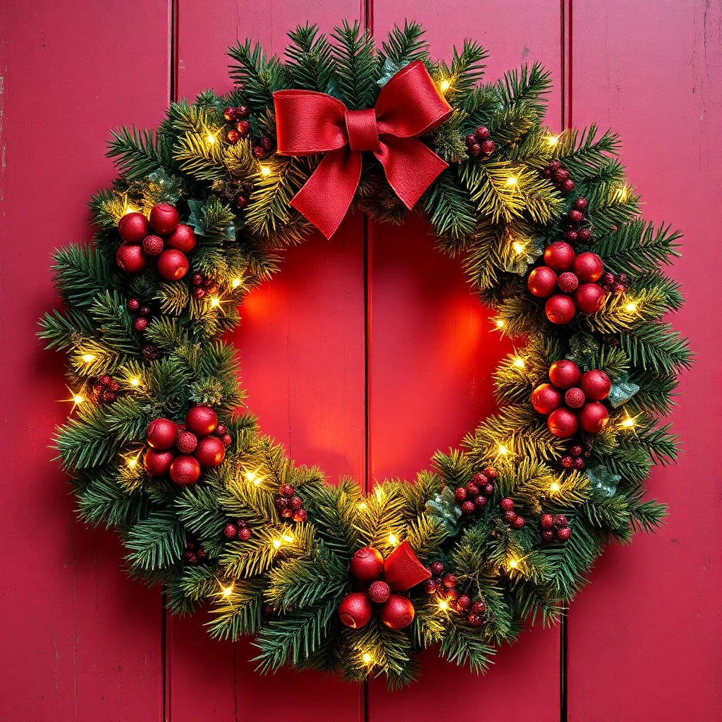 Beautiful Decorated Christmas Wreath with Fairy Lights On It With Red And Maroon Grunge Background.