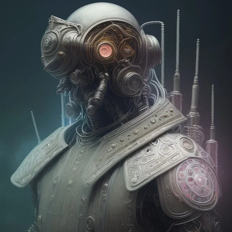 Symétrie!! portrait très coloré du seigneur de la guerre en armure d'os humain et câbles électroniques, avec une couronne en argent massif, de la fumée autour de lui, moderne, cyberpunk post apocalyptique, fin du monde, prophéties, marvel comics, arrière plan ténèbres, très réaliste, très détaillé, très intriqué, 8k, hdr, effet octane, tendance artstation, 2048, Terminator 2, science fiction, par steven spielberg, poster de science fiction, bumpee style