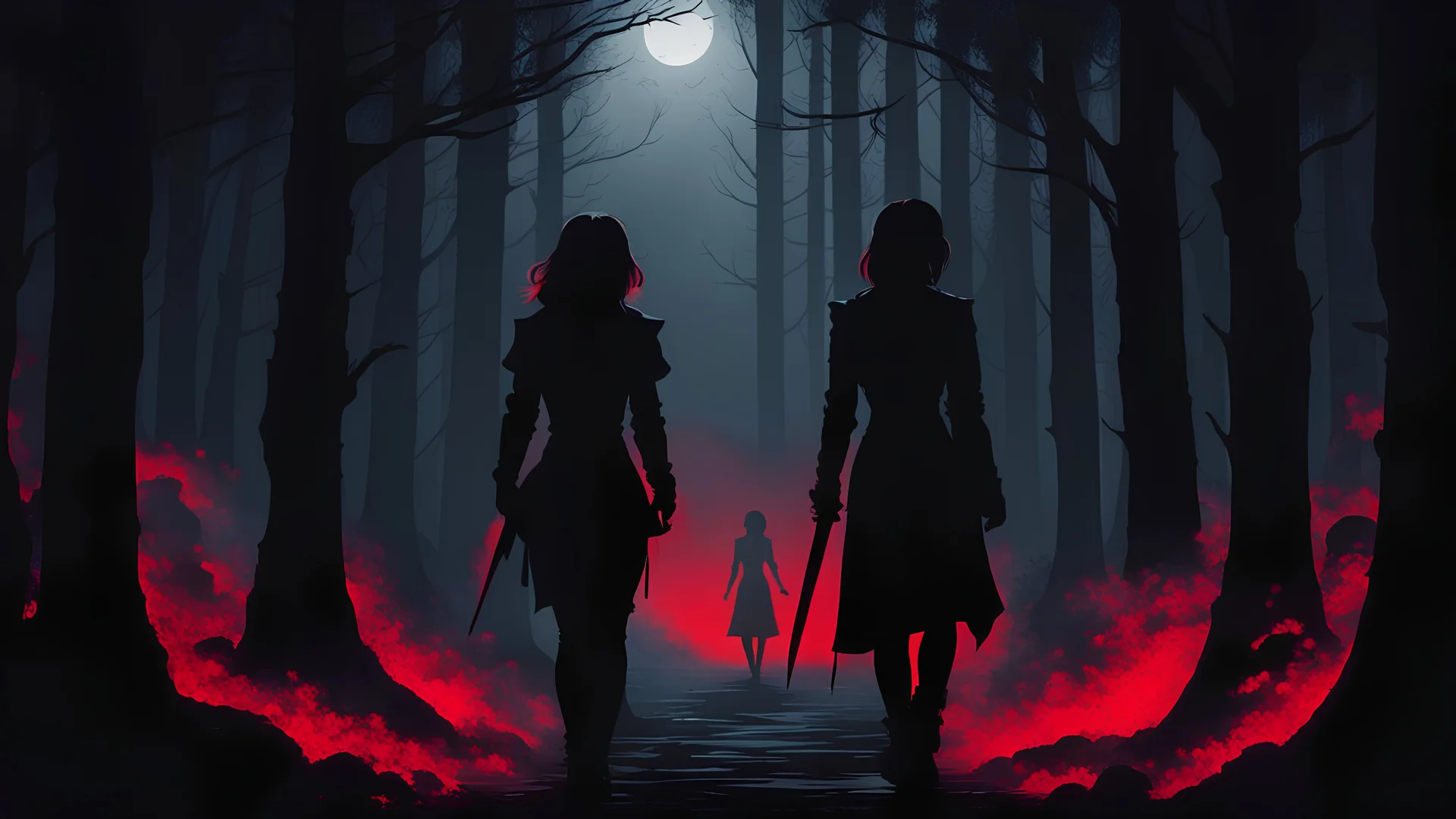 the silhouette of woman seen from behind, walking into a dark forest, with a dagger in hand, black and red image, night, realistic