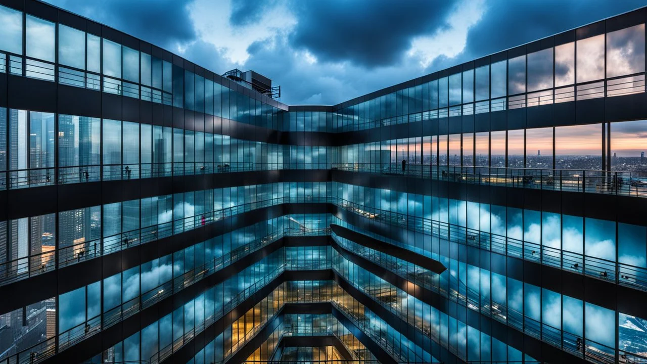 medium shot photo from high-tech futuristic office building between in big clouds , glass and metalic walls, tall, cyberpunk, blue, and dark colors, cold colors, high detalied, shapr focus, sci-fi mood