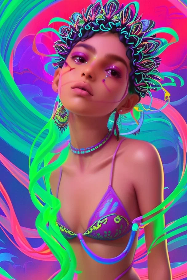 [vaporwave, straws, flows, colorful] Another figure approached. The ornamented headdress and anklets exuded the sound that alerted me. I concluded that it was an Indian girl, which gave me thoughts about my location. She drank and left.