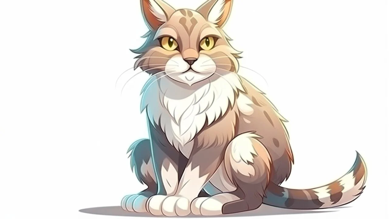 fantasy cartoon style illustration: cute small lynx is sitting, white background