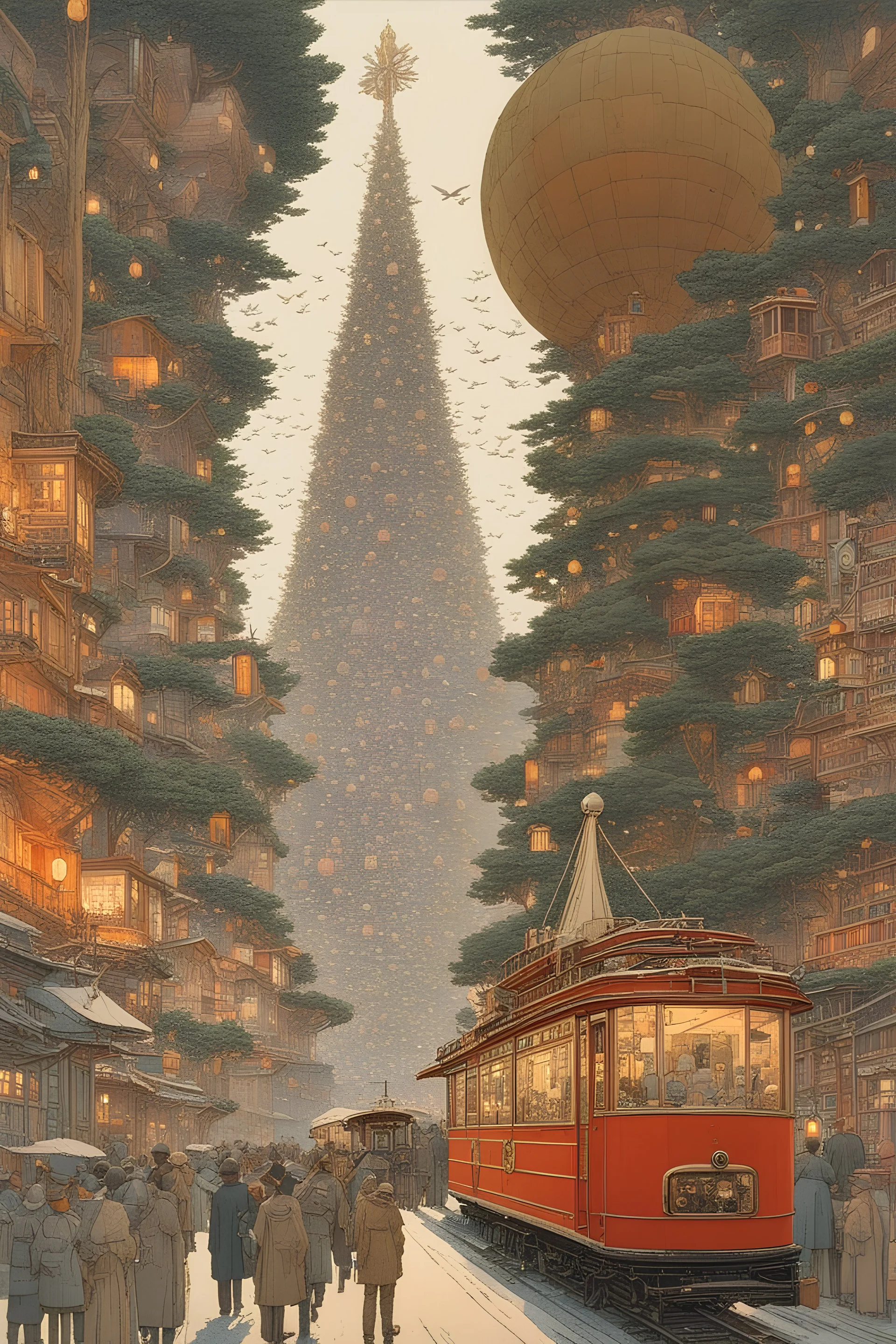 Hiroshi Yoshida, A E Marty, Olivier Ledroit, Surreal, mysterious, bizarre, fantastical, fantasy, Sci-fi, Japanese anime, Christmas tree planet, gigantic Christmas tree pierces through atmosphere, Humanity builds cities on the trunks and branches of tree, travels in small flying boats, transports them from city to city on a single-seater aerial motorcycle. beautiful girl in a miniskirt with a perfect body. Thin mechanical body suit. Short black hair. Boyish. Dynamic. Hyper Detailed masterpiece