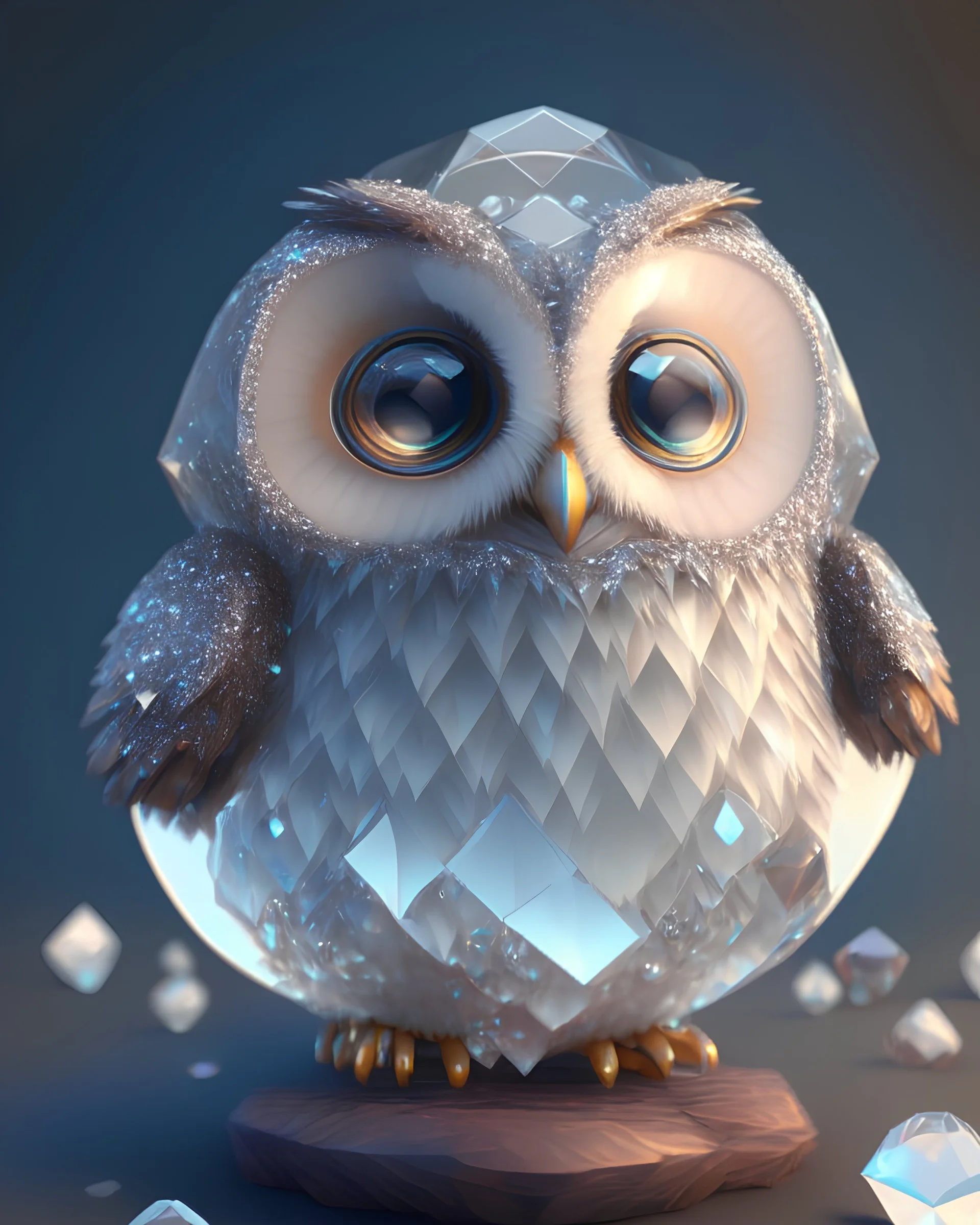 A cute adorable baby owl made of crystal ball with low poly eye's highly detailed intricated concept art trending artstation 8k