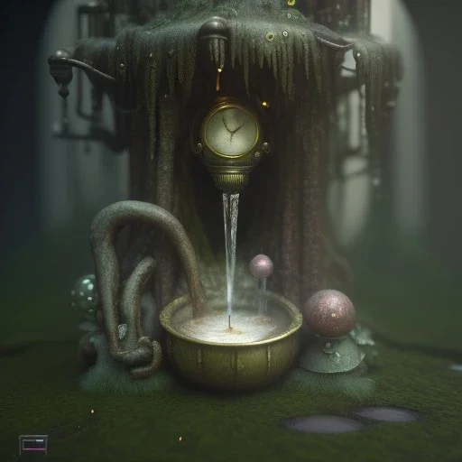 a tiny fairy fountain, scary, steam punk, realistic, made in octane, cinematic, ultra-realistic, extremely detailed octane rendering, 8K, VRAY Super Real ar 2:3, dof photorealistic futuristic 50mm lens hard lighting dark gray tintype photograph, realistic lighting, sepia color