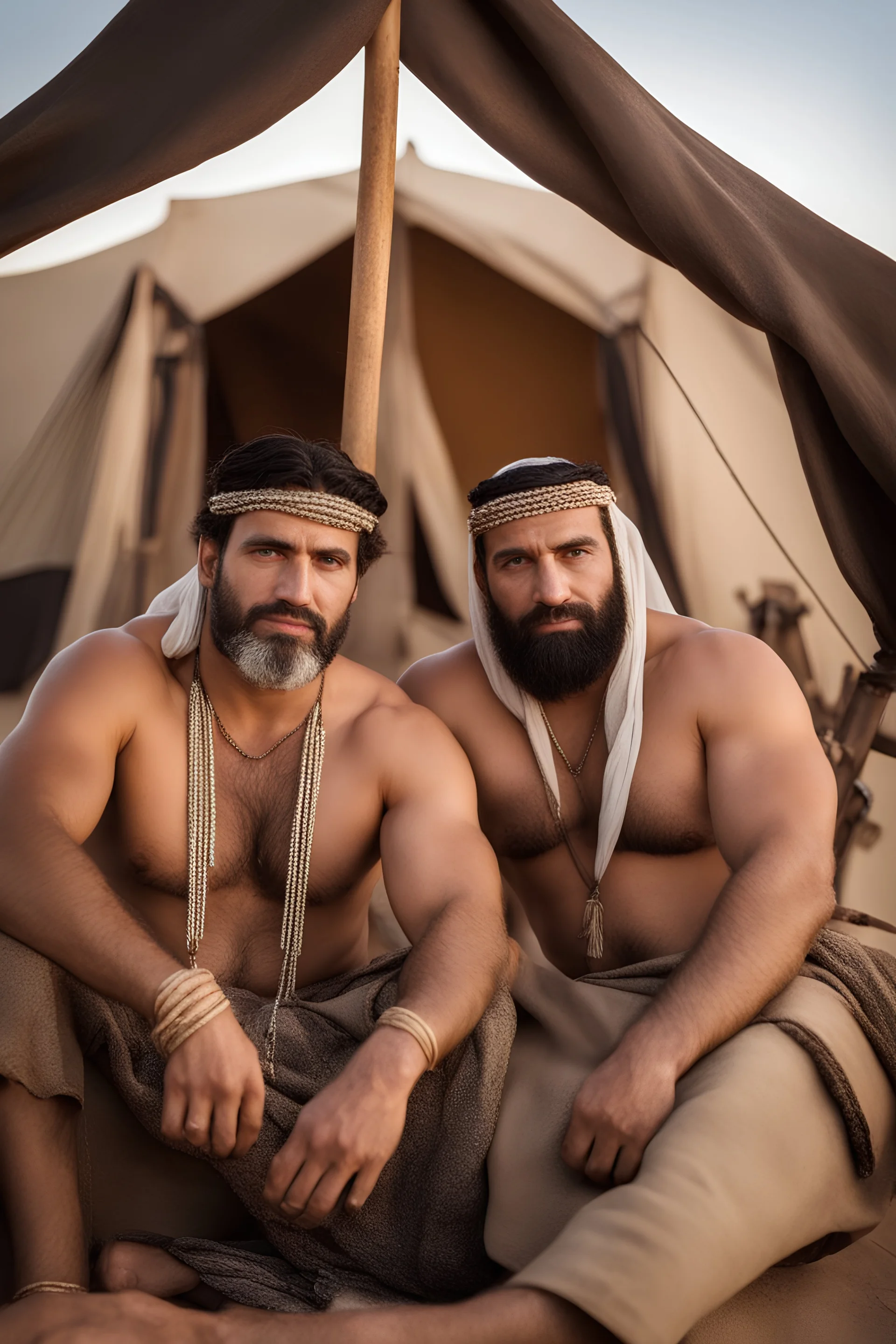 portrait photography of two serious ugly brawn 35-year-old burly beefy bullneck arabs tourist guides wearing traditional clothes, shirtless, big shoulders, hairy chest, manly chest, with very bushy eyebrows, photorealistic, sunlight, ambient occlusion, strong side light , inside a camping tent in the desert