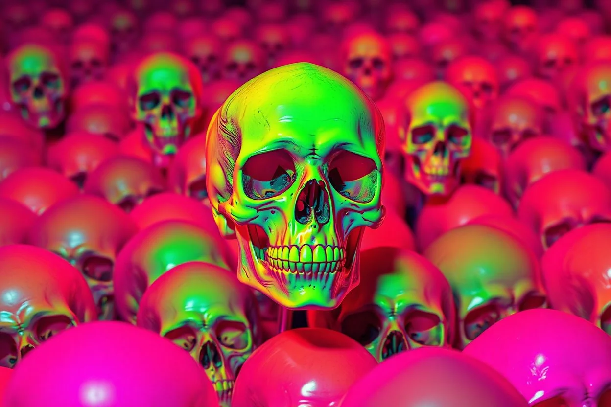 a field of 1000s of psychedelic anatomically correct, skulls, vivid RANDOM BRIGHT neon colors, dark comedy, well lit, high detail, photorealistic, horrorcore, fun, scary, none featured, each a different color or hue,